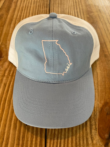 Hat - Outdoor mesh -  blue hat- pink state outline - white logo