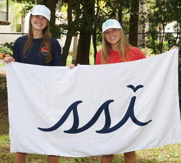 Beach Towel - White Towel with Navy Logo