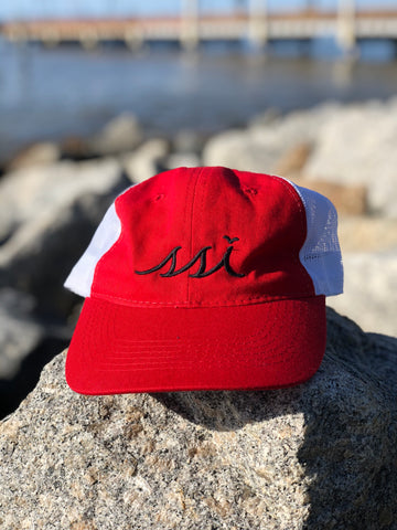 Red Outdoor Hat / Black Logo / White Mesh Back Adjustable