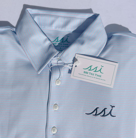 Stretch Performance Men's Polo Light Blue and Light pink Stripe with Navy Logo