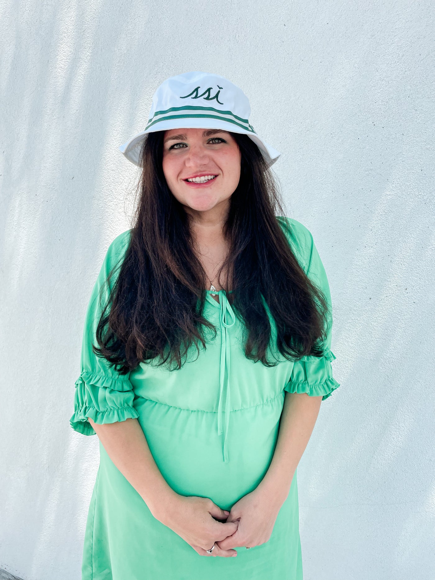 White Imperial Bucket Hat with Green Band and Logo-XL
