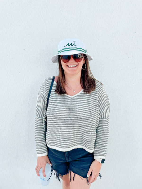 Coastal White Bucket Hat — Forest Green Striped Band
