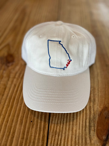 White Outdoor Hat / Royal Blue State Outline/ Red Logo / Adjustable
