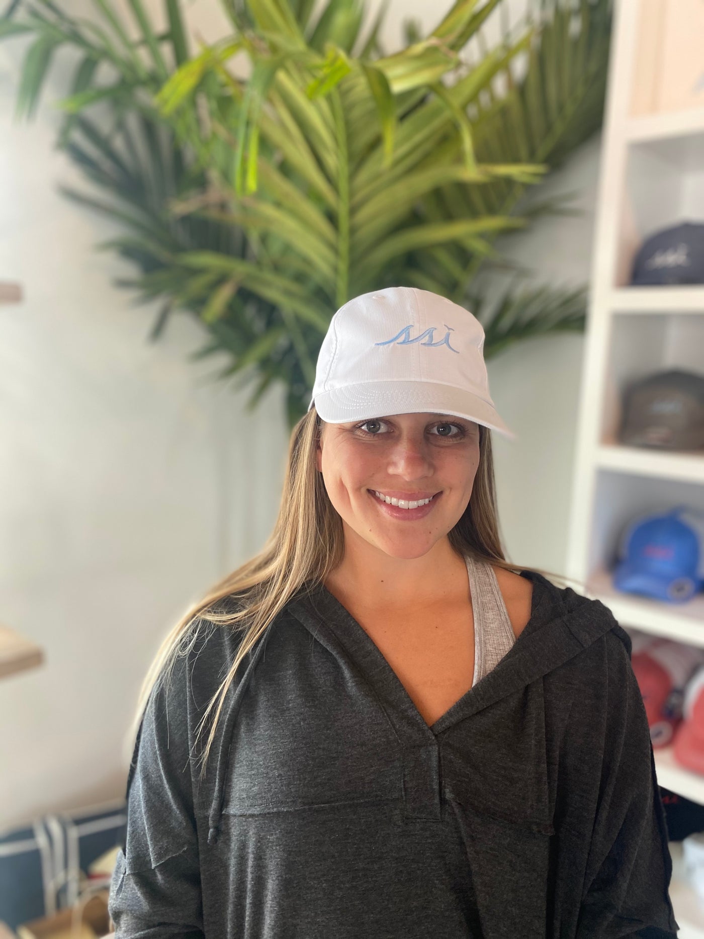 Coastal White Performance Cap — Sky Blue Raised Logo (Soft Fit)