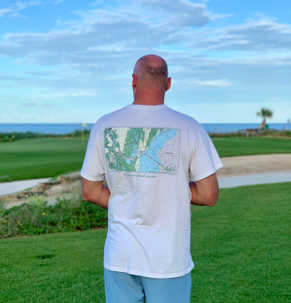 Comfort Colors White St. Simons Island Pocket Tee —Nautical Map Back Print