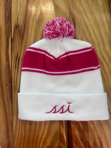 Pink and White Beanie Hat with Pom Pom  and Pink Logo