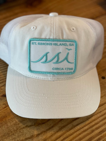 White Outdoor Hat / White patch/ Aqua Logo – White Mesh Back