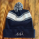 Navy and White Beanie Hat with Pom Pom and White Logo