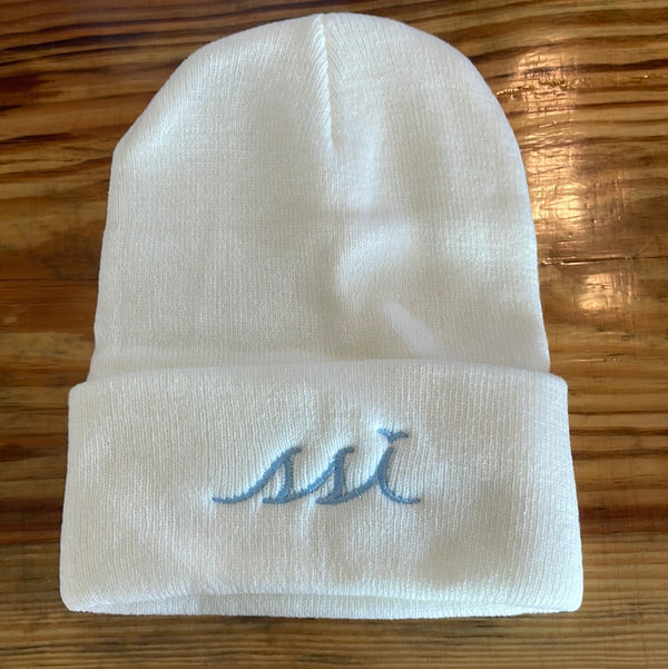 White Beanie w/ Light Blue Logo