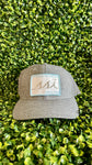 Heathered Gray FlexFit Hat /White Patch /Gray Logo /Light Blue Border/ Adjustable