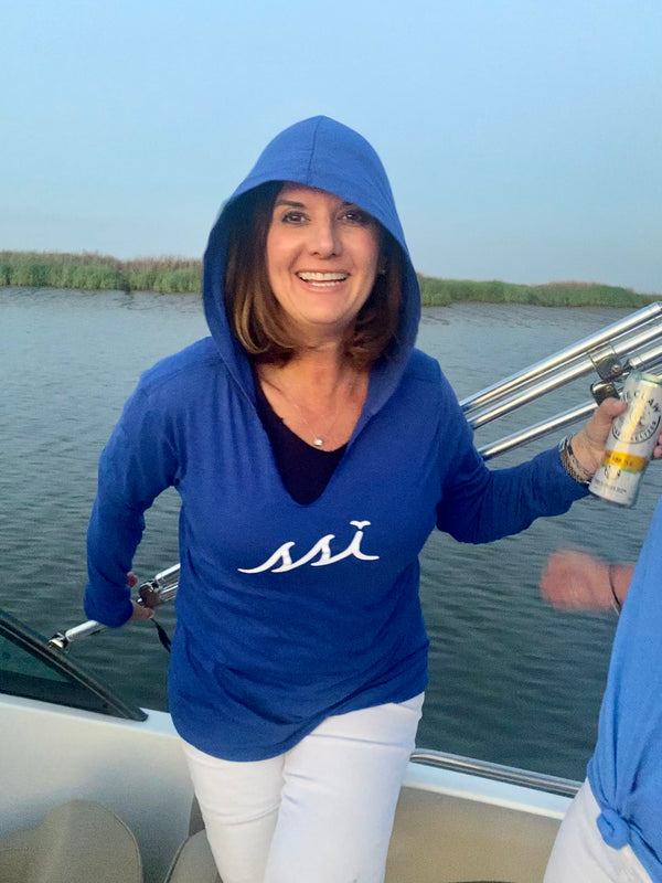Blue Ladies Long Sleeve Hoodie with White Logo