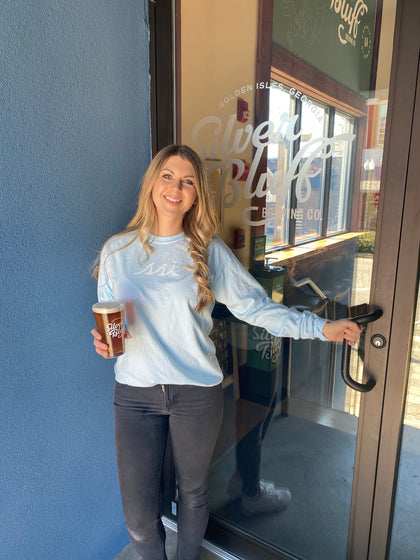 Long Sleeve Light Blue Comfort Colors T shirt with White Logo Distressed